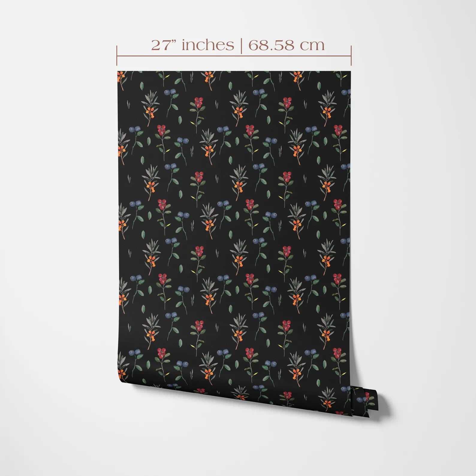 a black and white pattern of colorful flowers and leaves on a wall.