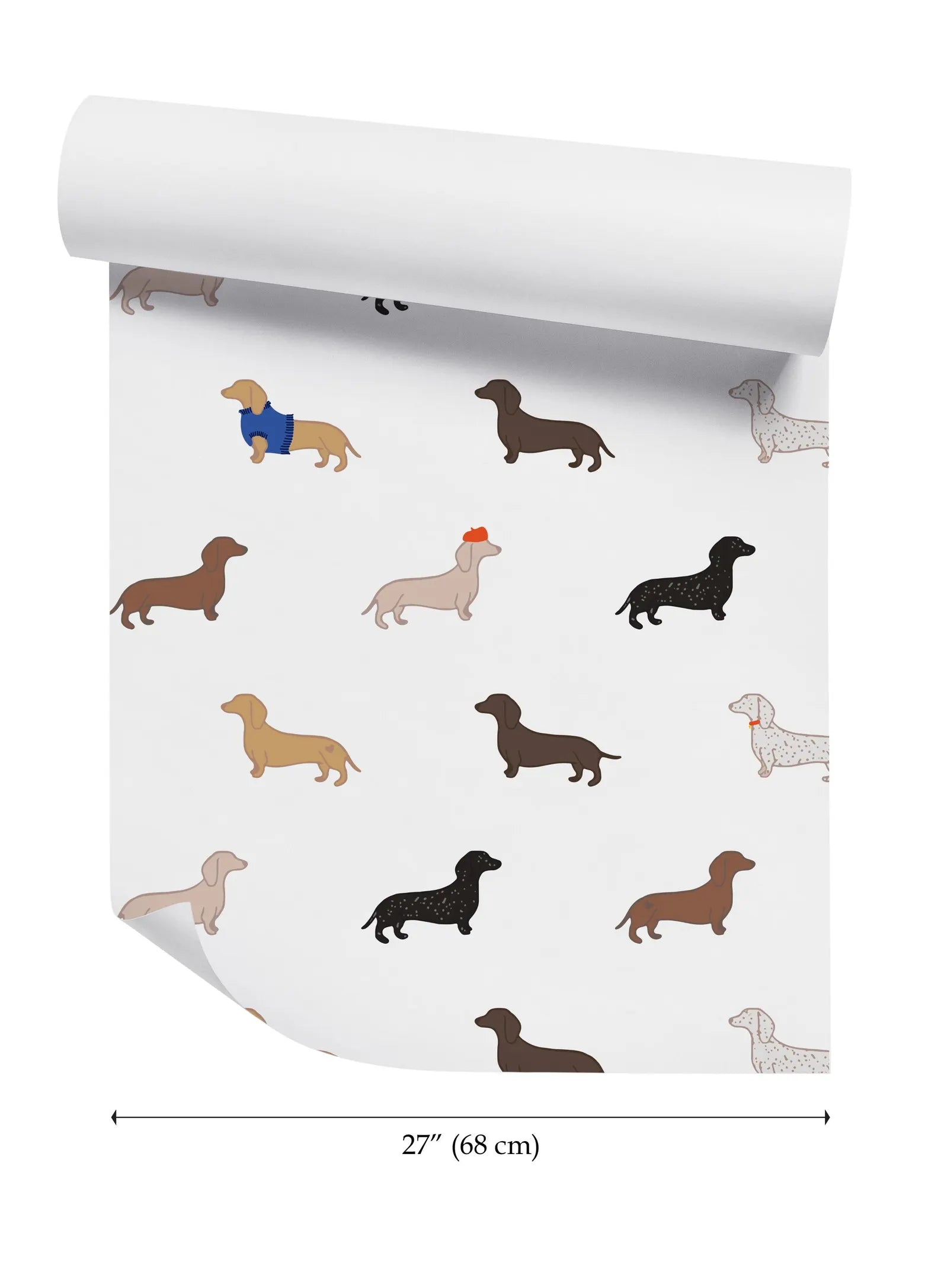 a repeating pattern of dachshund dogs in various colors and poses, including one dachshund wearing a blue sweater.