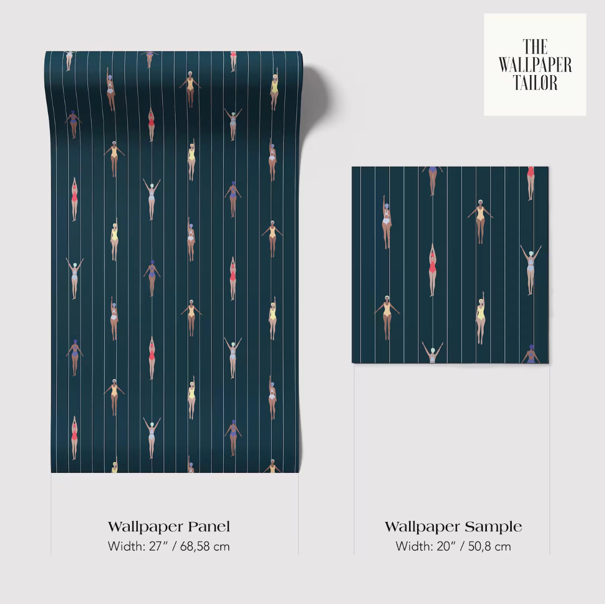 two different wallpaper panels and a wallpaper sample, all featuring a repeating pattern of swimming figures in a dark blue color.