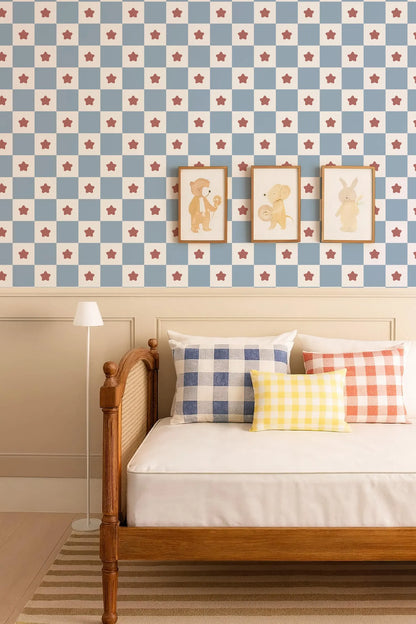 a cozy bedroom setting with a wooden bed frame, a checkered wall with three framed animal pictures, and a striped rug on the floor.
