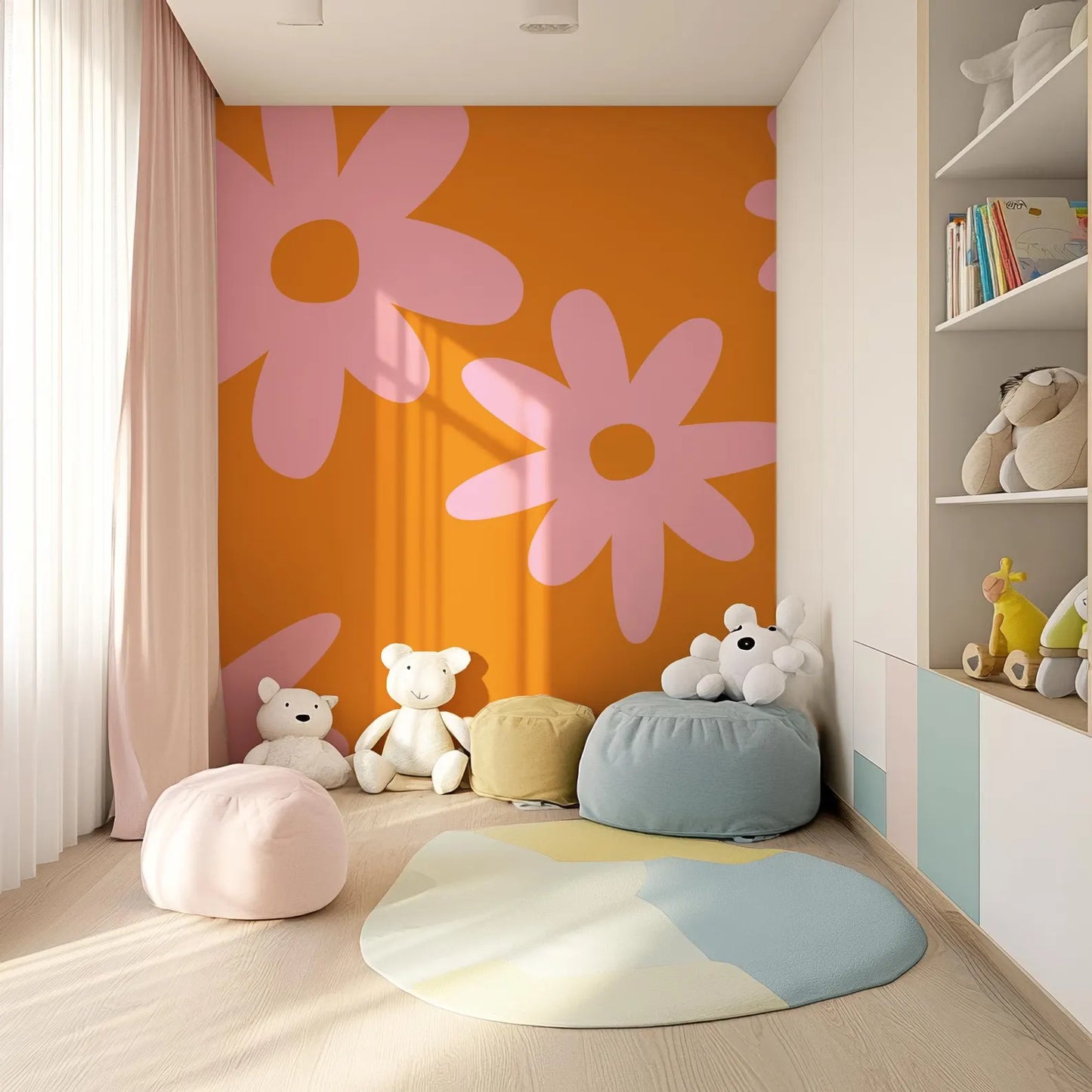 A bright and colorful children's bedroom with a large orange wall featuring pink flower-like designs. The room contains a variety of stuffed animals, including teddy bears and a giraffe, arranged on the floor and on a bean bag chair.