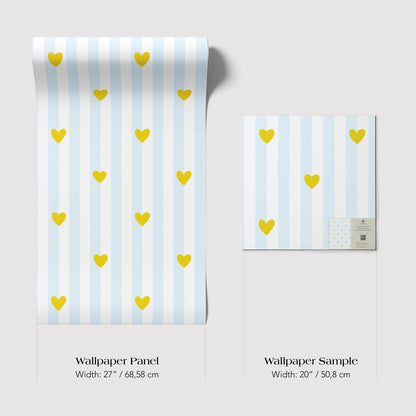 two different wallpaper samples with a striped pattern and yellow heart shapes. The text provides the dimensions of the samples in centimeters.