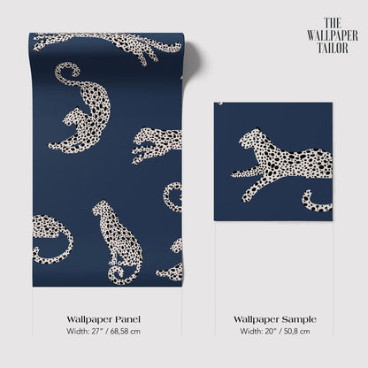 a wallpaper panel and a wallpaper sample with a leopard print pattern. The wallpaper panel is described as having a width of 27/68/58 cm, while the wallpaper sample is described as having a width of 20/50/8 cm.