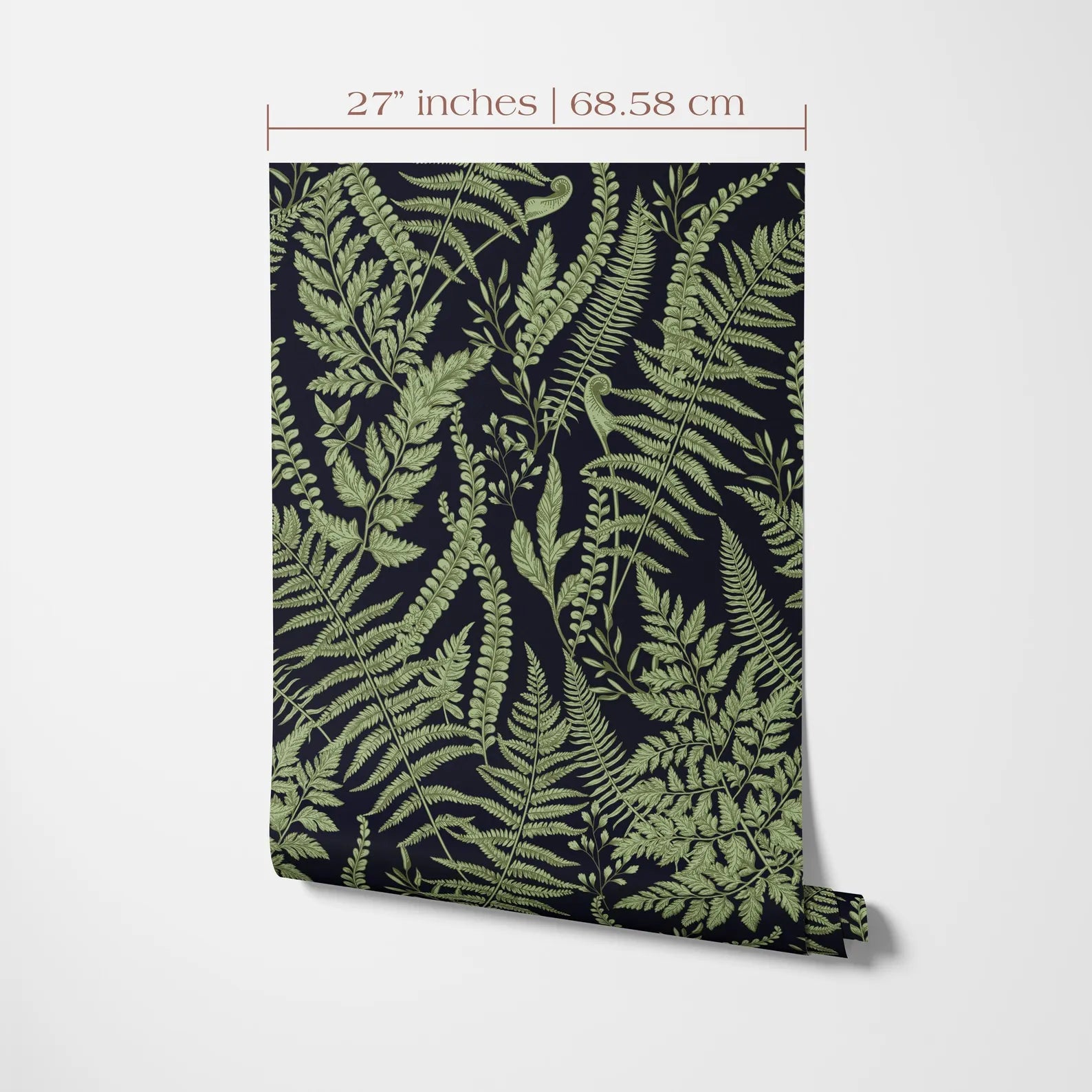 a pattern of green ferns and other plants on a dark background, with measurements indicating it is 27 inches (68.58 cm) wide and tall.
