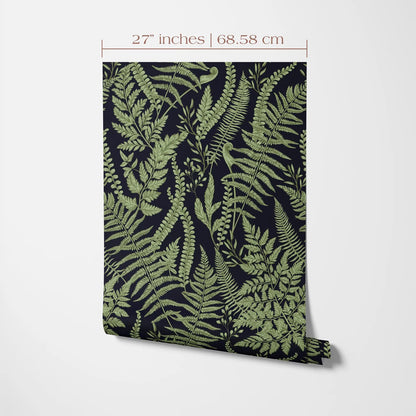 a pattern of green ferns and other plants on a dark background, with measurements indicating it is 27 inches (68.58 cm) wide and tall.