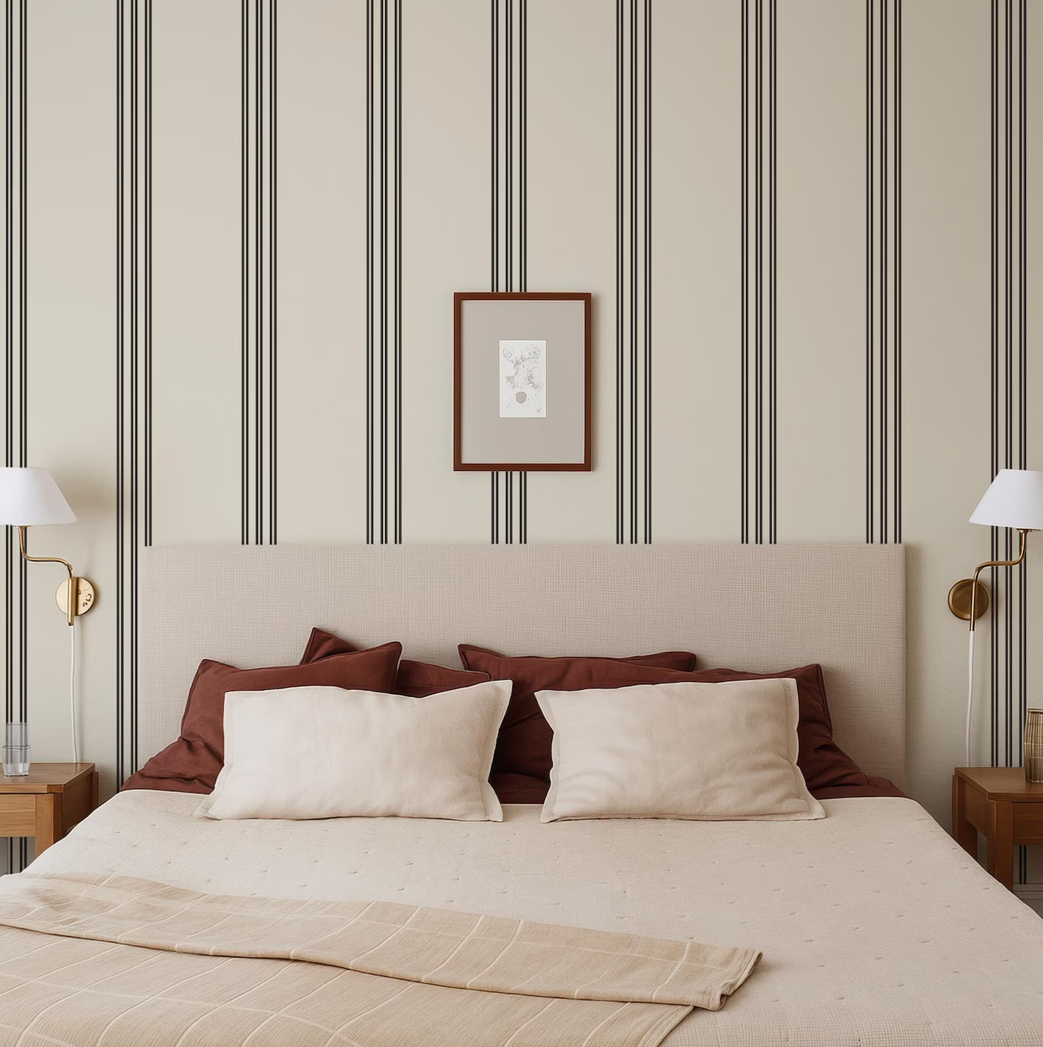 a well-organized and cozy bedroom with a large bed, two nightstands, and a framed picture on the wall.