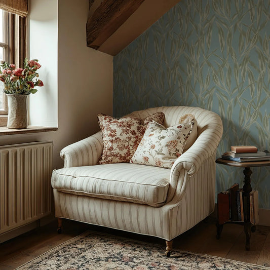 a cozy corner of a room with a striped armchair, a small side table, and a window with a vase of flowers.
