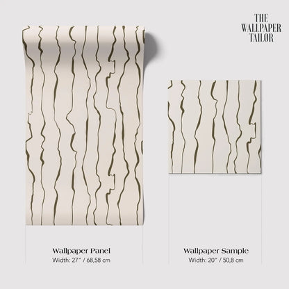 two different sizes of a wallpaper panel with a repeating black line pattern. The larger wallpaper panel is wider at 27 inches (68.58 cm) and the smaller one is narrower at 20 inches (50.08 cm).