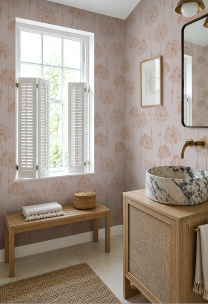 a bathroom with a marble sink, a wooden vanity, and a window with white shutters. The walls are covered in a floral wallpaper, and there is a rug on the floor.