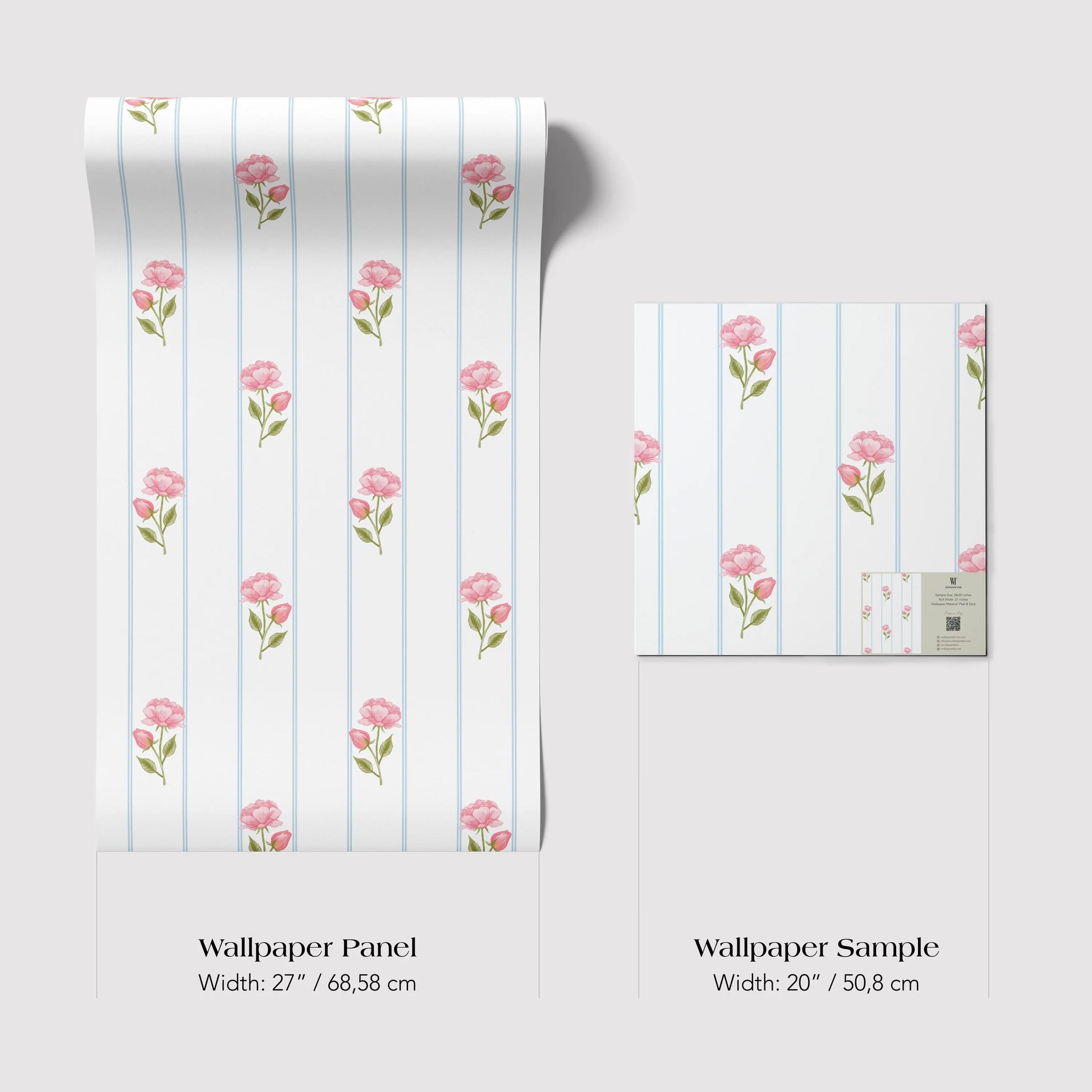 two identical wallpapered panels with a repeating pattern of pink flowers on a white background. The panels are described as "Wallpaper Panel" and "Wallpaper Sample" with dimensions of width: 27 inches / 68.58 cm and width: 20 inches / 50.8 cm, respectively.