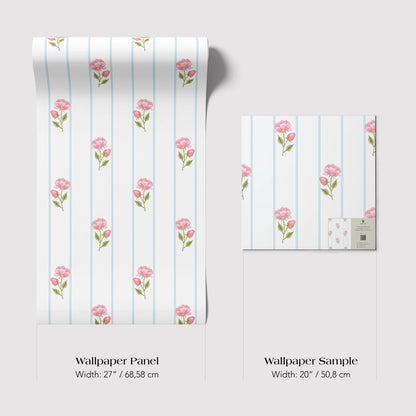 two identical wallpapered panels with a repeating pattern of pink flowers on a white background. The panels are described as "Wallpaper Panel" and "Wallpaper Sample" with dimensions of width: 27 inches / 68.58 cm and width: 20 inches / 50.8 cm, respectively.