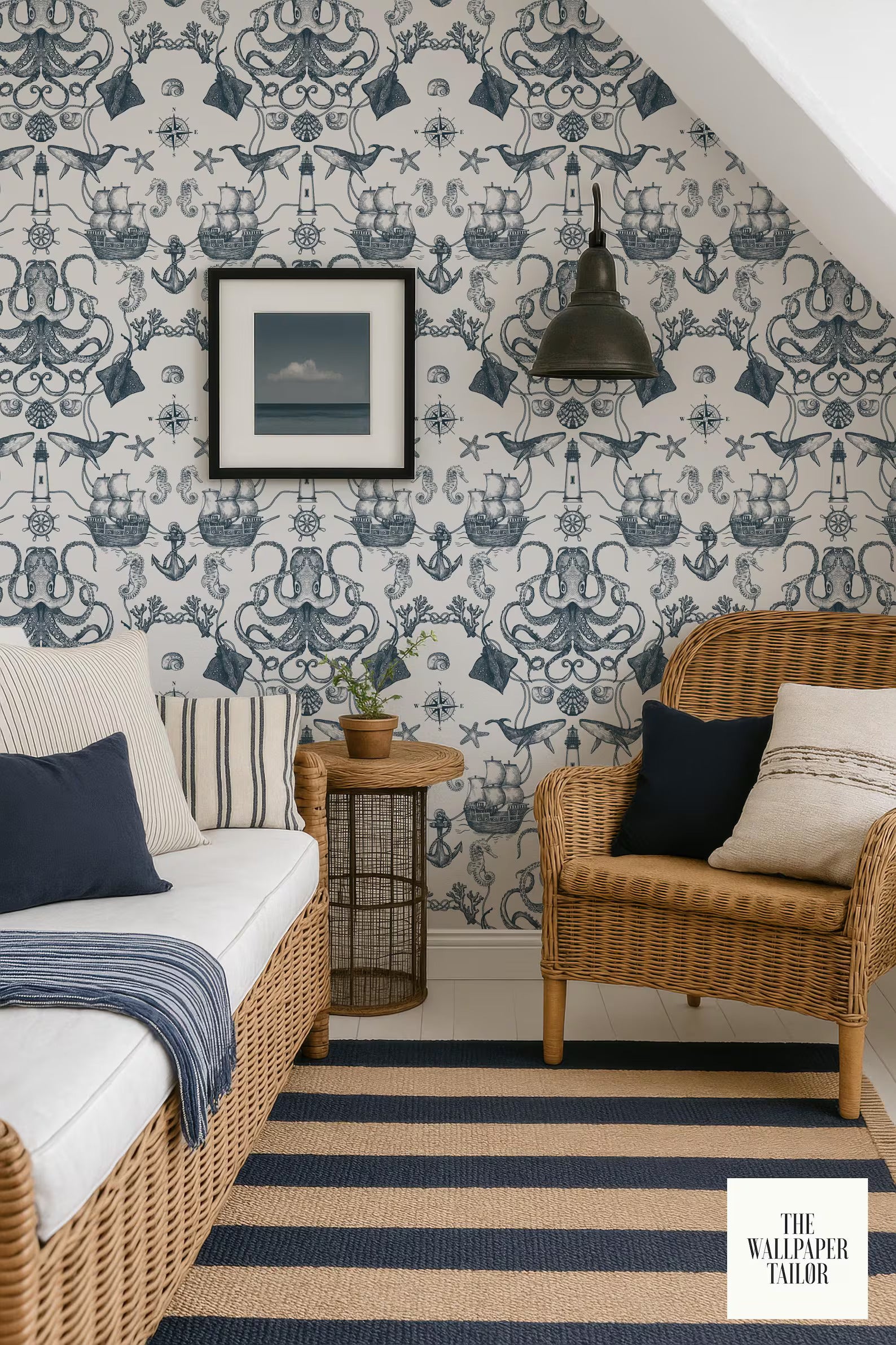 a cozy living room with a wicker chair, a striped rug, and a framed picture on the wall. The room has a nautical theme, with a patterned wallpaper and a black pendant light hanging above the chair.