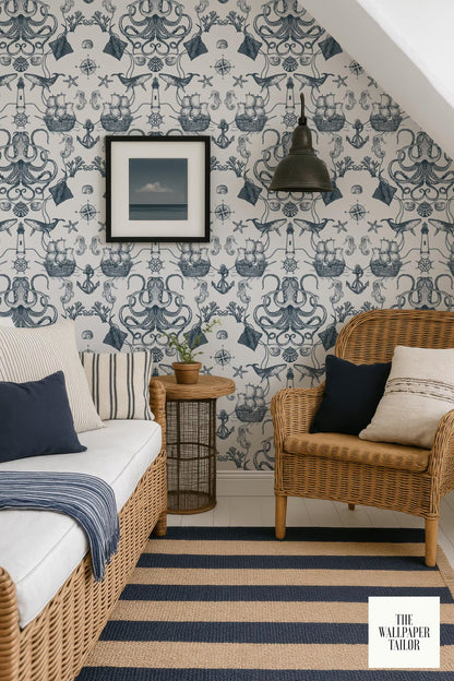 a cozy living room with a wicker chair, a striped rug, and a framed picture on the wall. The room has a nautical theme, with a patterned wallpaper and a black pendant light hanging above the chair.