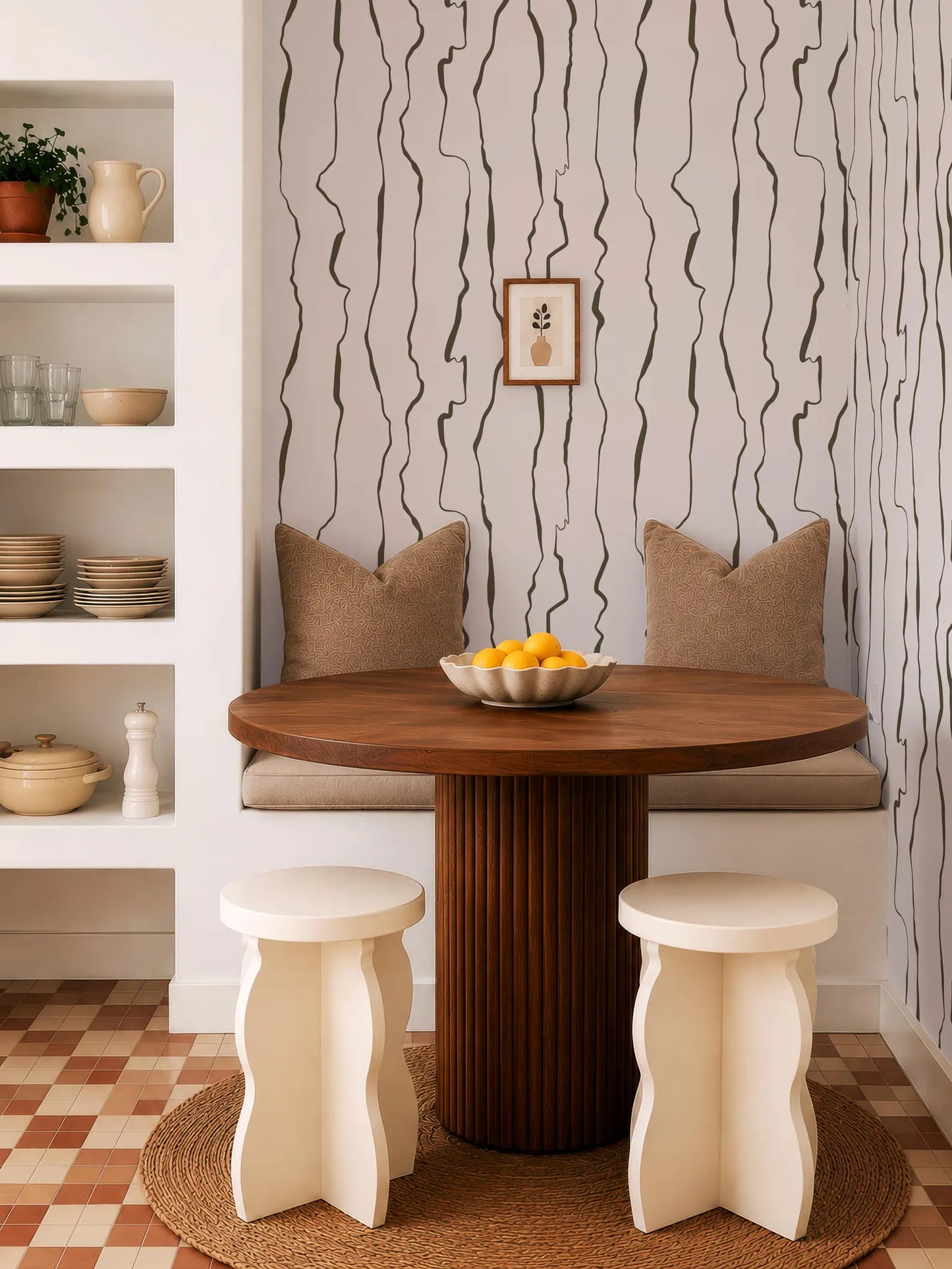 a modern dining area with a wooden table, two white stools, and a framed picture on the wall. The table is set with a bowl of fruit, and the overall color scheme is neutral, with a wooden floor and white walls.