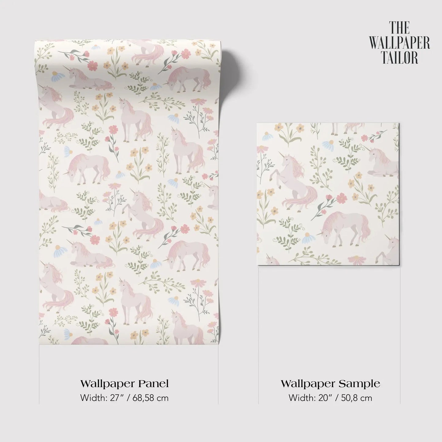 The image is a collage of two images featuring a repeating pattern of pink and white unicorn illustrations on a white background. The collage includes a larger image on the left and a smaller sample on the right, both displaying the same pattern.