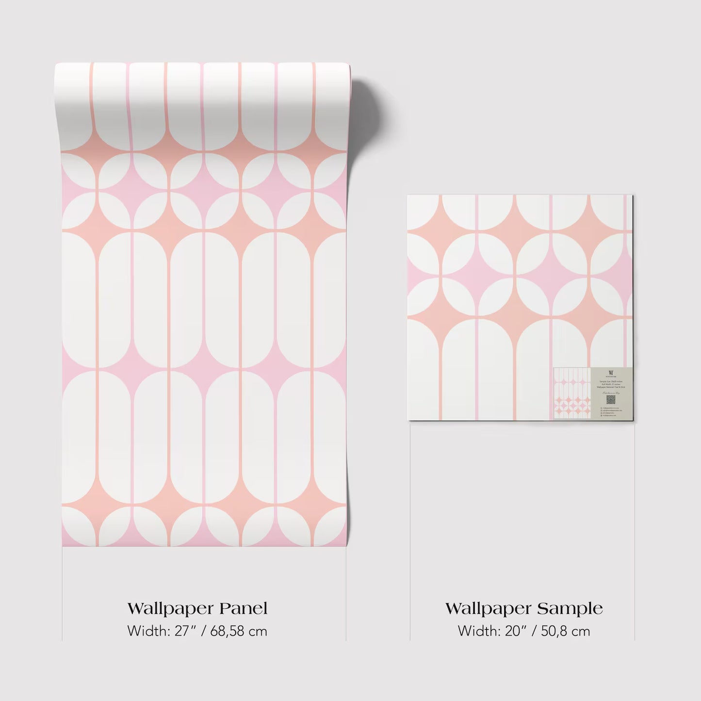 two different wallpaper samples with a repeating pattern of pink and white circles on a white background. The text provides the widths of the samples in centimeters.