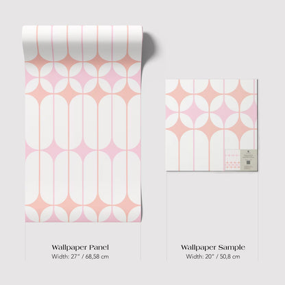 two different wallpaper samples with a repeating pattern of pink and white circles on a white background. The text provides the widths of the samples in centimeters.