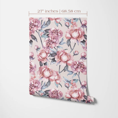 a floral pattern with pink and purple flowers on a light background.