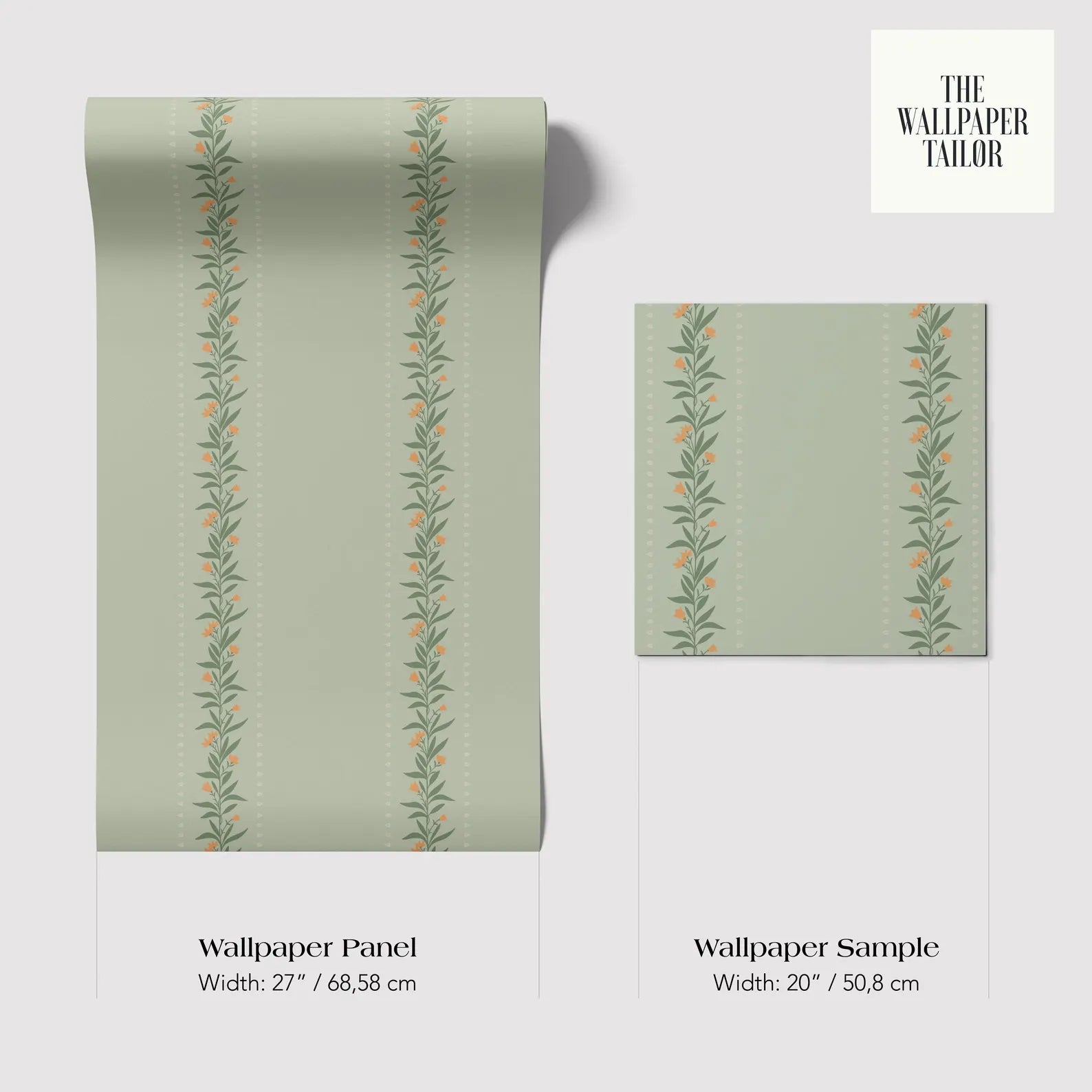 two different wallpaper panels with a repeating pattern of green leaves and orange flowers. The text provides information about the width of the wallpaper panels and their respective sizes.