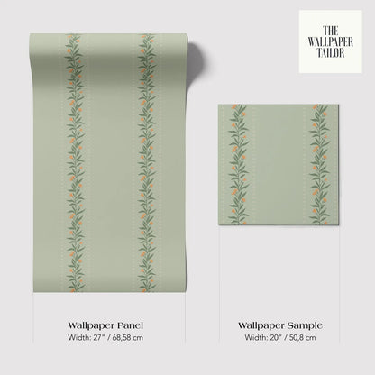 two different wallpaper panels with a repeating pattern of green leaves and orange flowers. The text provides information about the width of the wallpaper panels and their respective sizes.