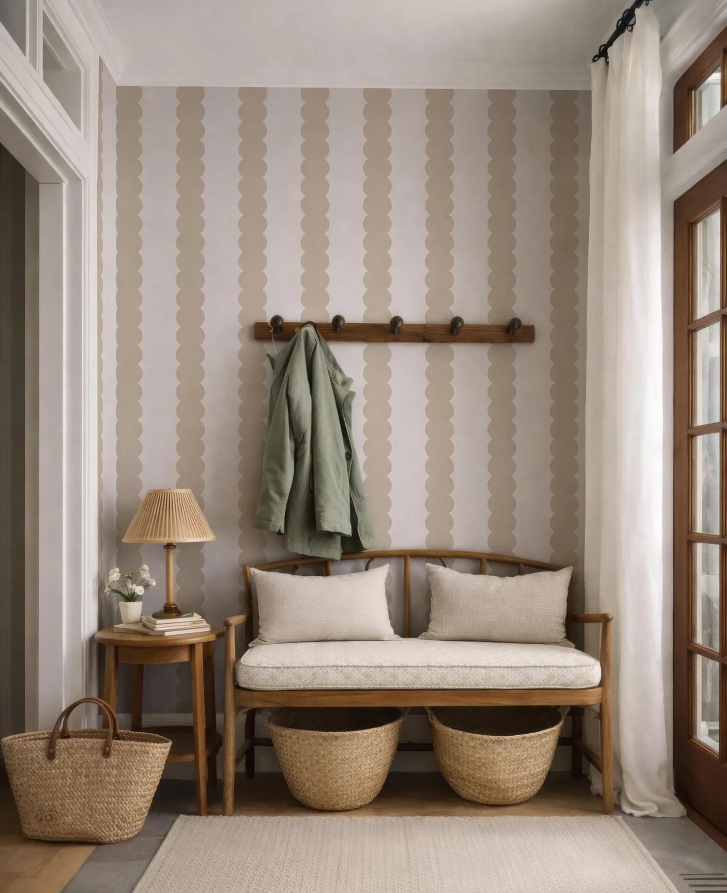 a cozy and inviting entryway with a wooden bench, a woven basket, and a wooden coat rack. The walls are adorned with a striped wallpaper, and a lamp and a book are placed on a small side table.