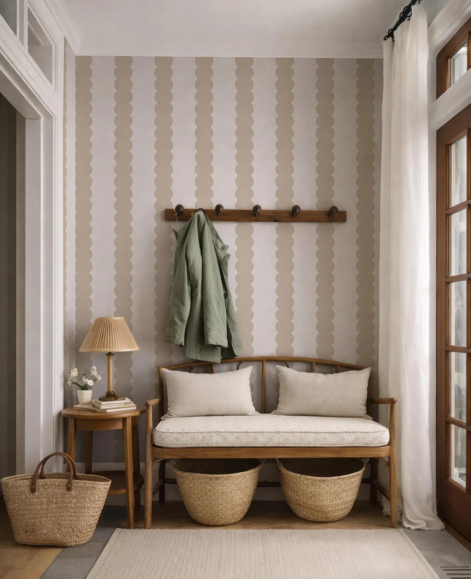a cozy and inviting entryway with a wooden bench, a woven basket, and a wooden coat rack. The walls are adorned with a striped wallpaper, and a lamp and a book are placed on a small side table.