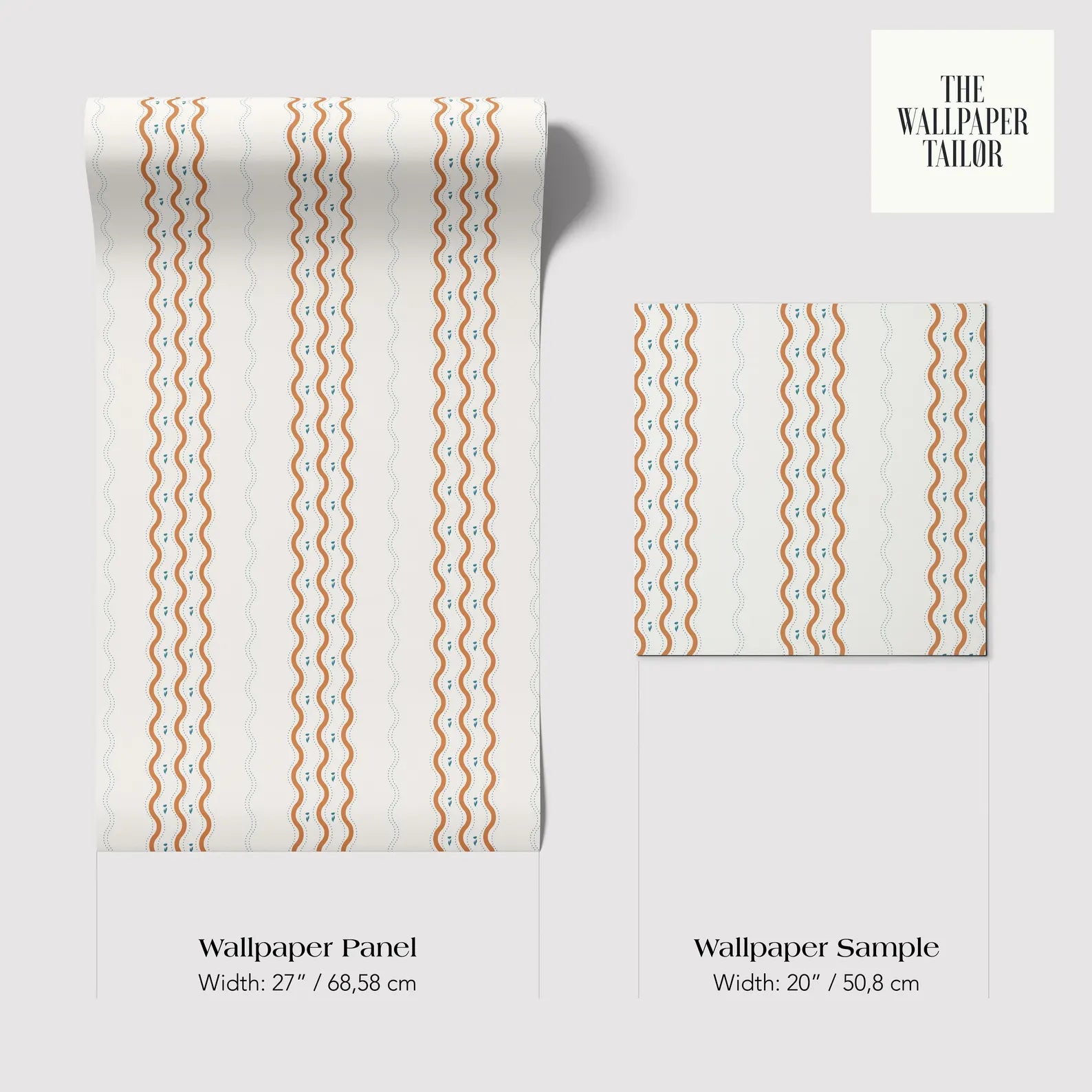 two wallpaper panels with a repeating pattern of orange and white wavy lines. The text provides the dimensions of the wallpaper panels in both inches and centimeters.