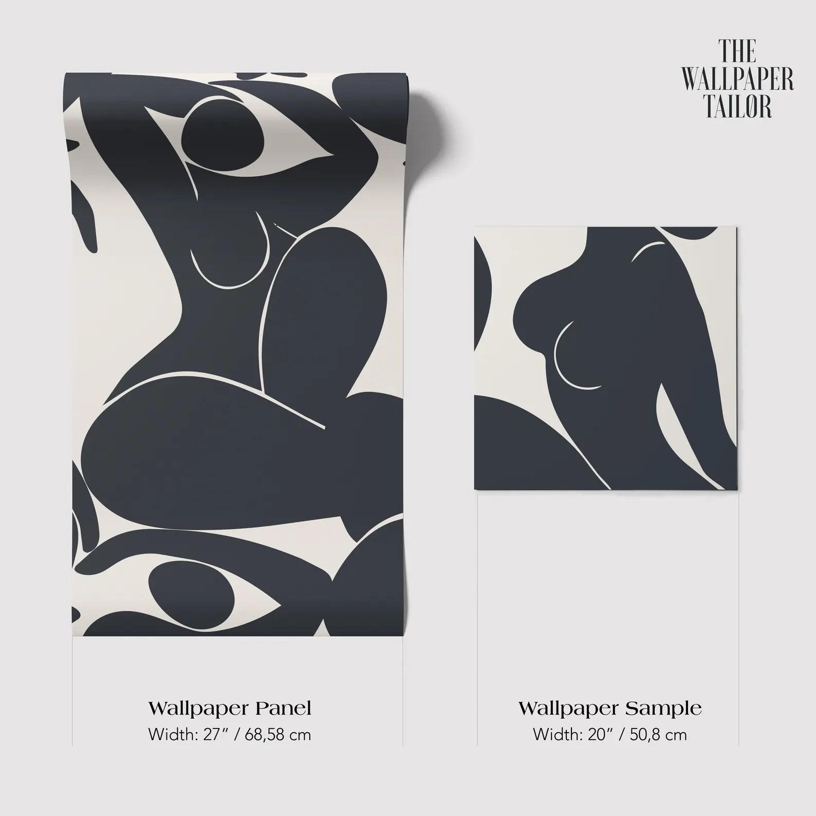 The image is a collage of two wallpapered panels and a wallpapered sample, featuring abstract black and white designs.