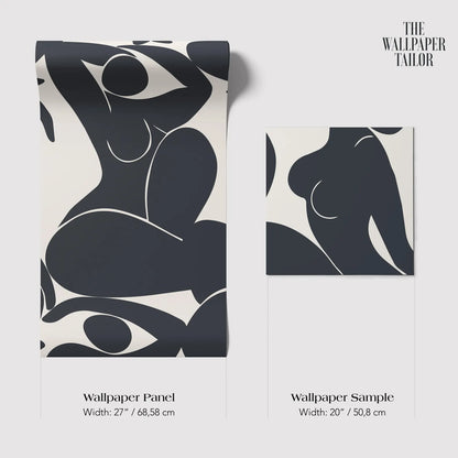 The image is a collage of two wallpapered panels and a wallpapered sample, featuring abstract black and white designs.