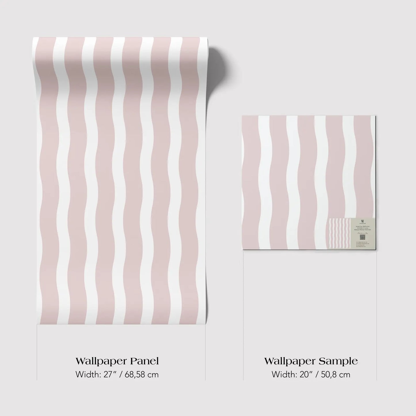 two different sizes of a wallpaper panel with a pink and white striped pattern. The larger wallpaper panel is wider than the smaller one, with a width of 27 inches (68.58 cm) and a width of 20 inches (50.8 cm).