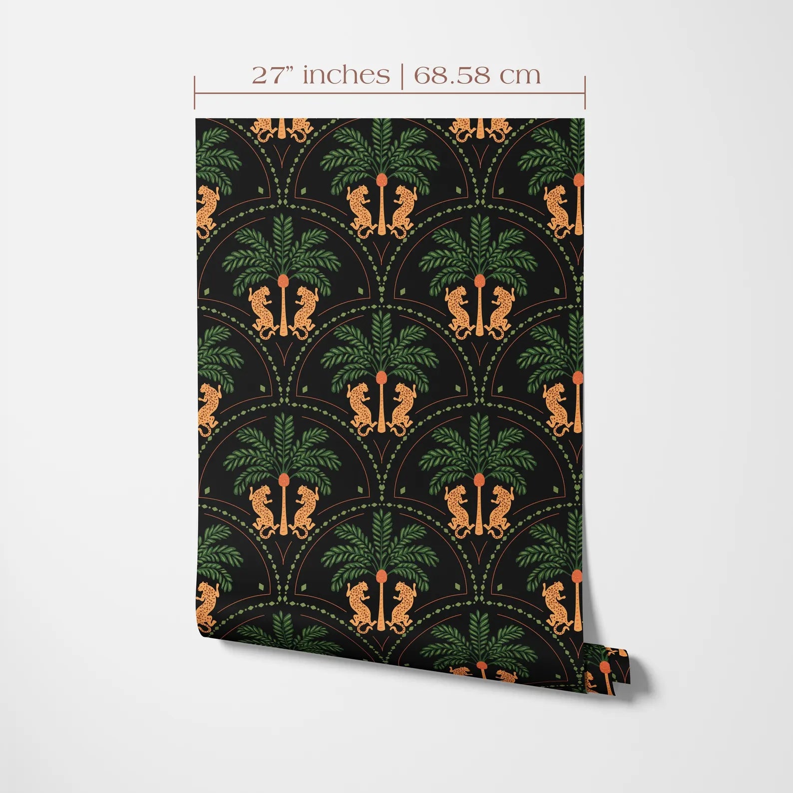 a repeating pattern of palm trees and lions on a black background.