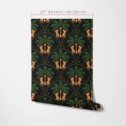 a repeating pattern of palm trees and lions on a black background.