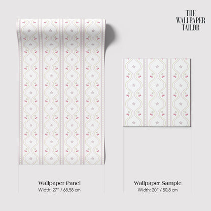 two identical rolls of wallpaper with a repeating pattern of pink and white lines and stars. The rolls are of different sizes, with one being larger than the other.