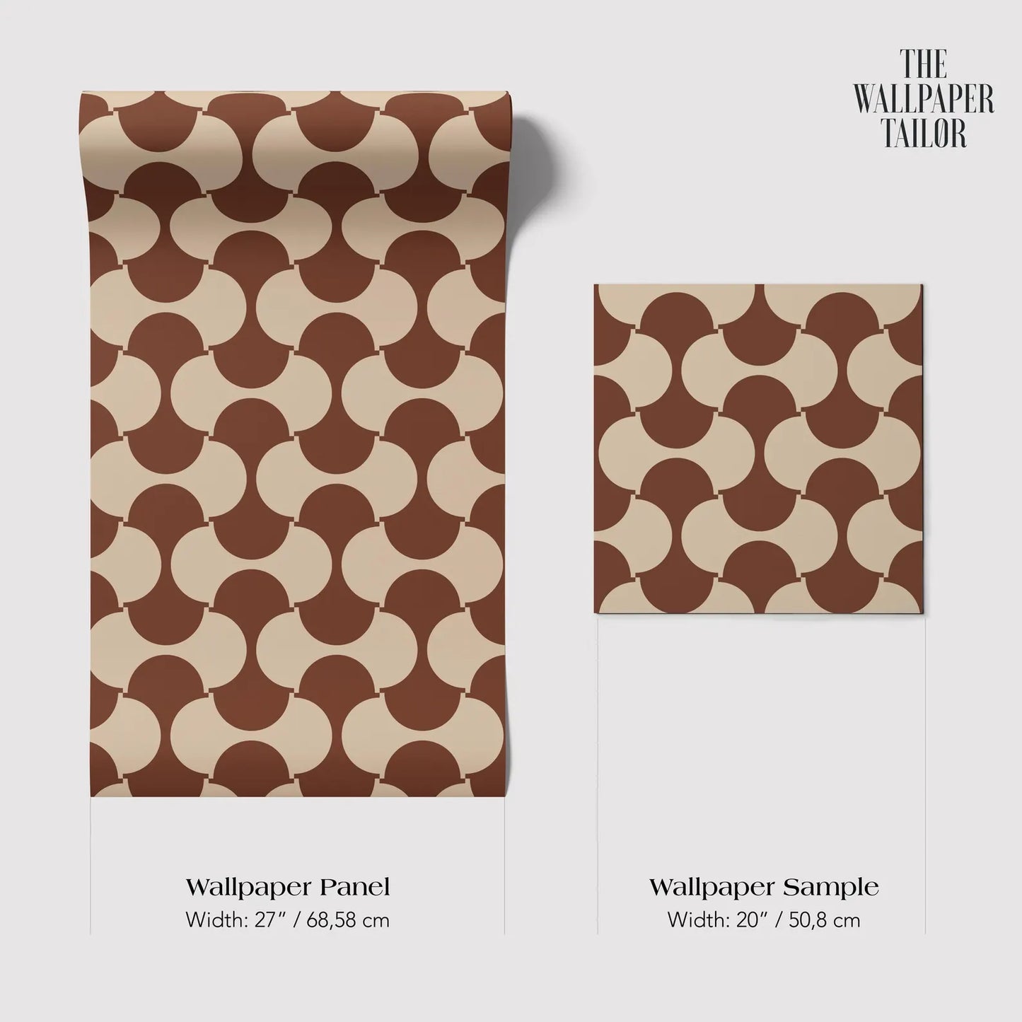 two wallpaper panels and a wallpaper sample, all featuring a repeating pattern of brown circles on a beige background.
