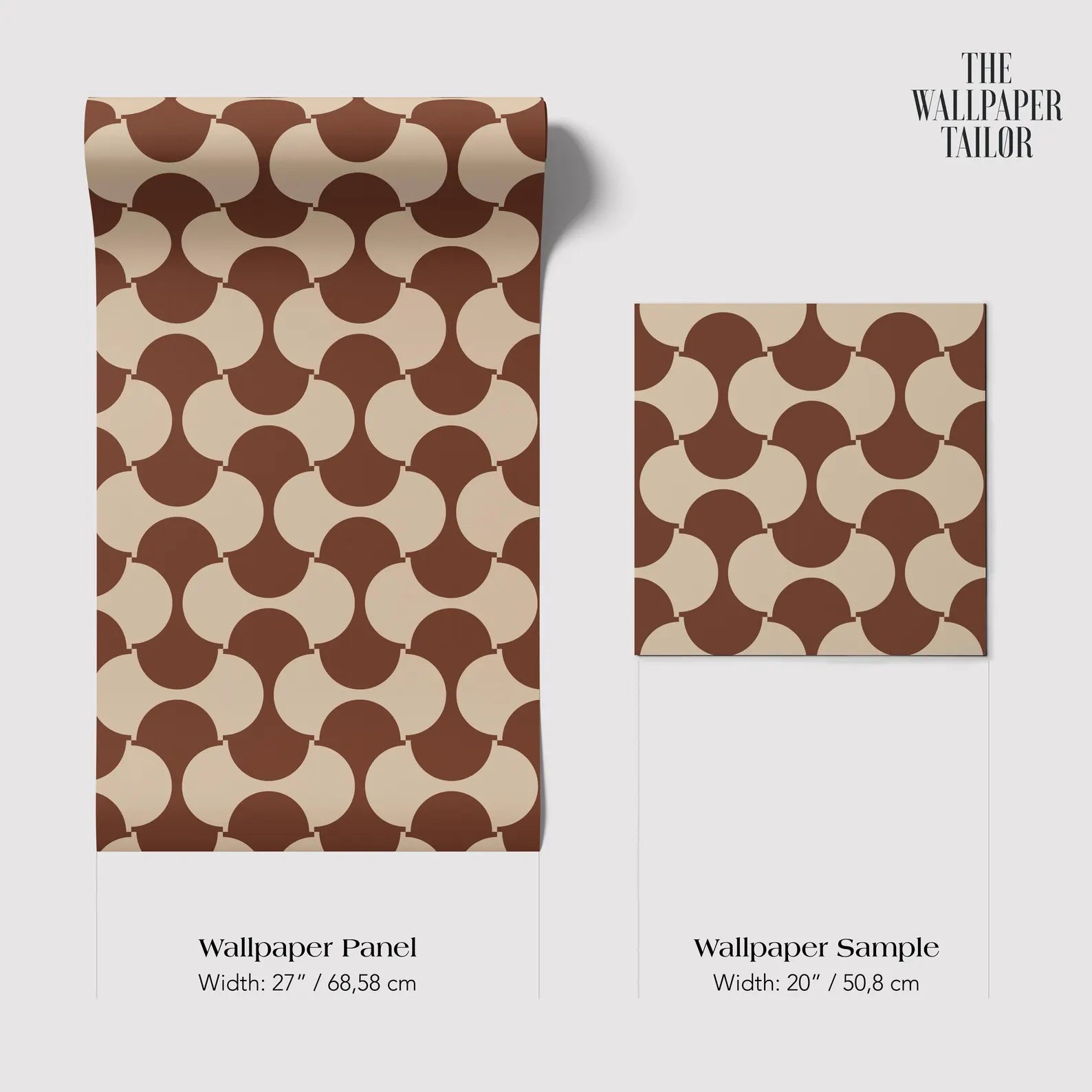 two wallpaper panels and a wallpaper sample, all featuring a repeating pattern of brown circles on a beige background.