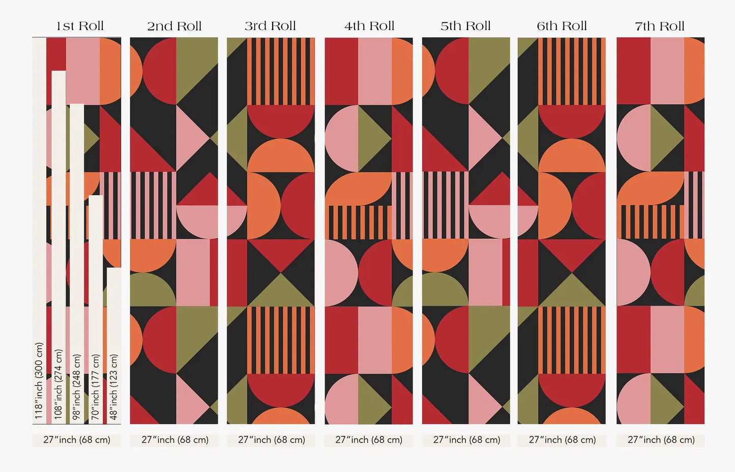 The image is a collage of various geometric patterns, including stripes, circles, and rectangles, arranged in a grid format. Each pattern has a different size, ranging from 27 inches to 48 inches. The patterns are displayed in a vertical orientation, with the largest one at the top and the smallest at the bottom. The image does not contain any text or additional objects, and the focus is solely on the geometric patterns.