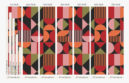 The image is a collage of various geometric patterns, including stripes, circles, and rectangles, arranged in a grid format. Each pattern has a different size, ranging from 27 inches to 48 inches. The patterns are displayed in a vertical orientation, with the largest one at the top and the smallest at the bottom. The image does not contain any text or additional objects, and the focus is solely on the geometric patterns.