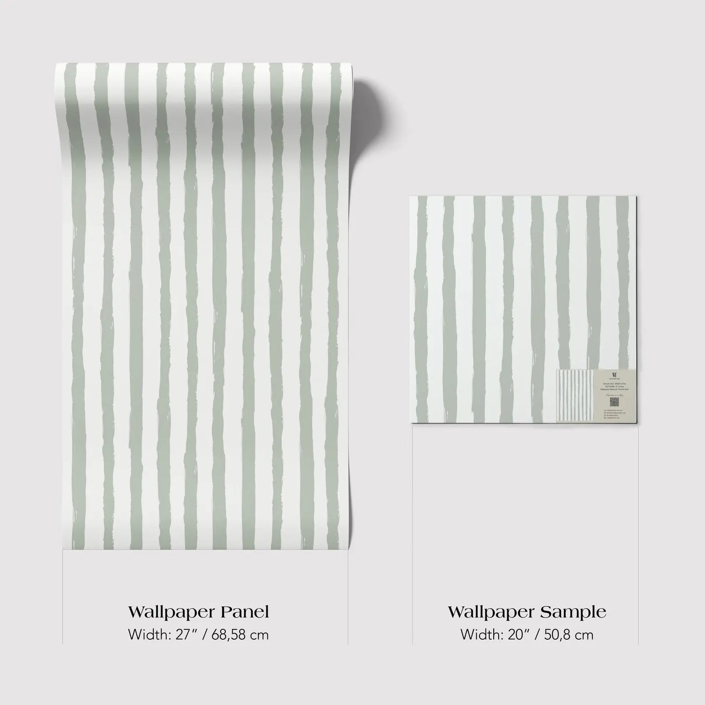 two different sizes of a wallpaper panel with a striped pattern. The larger panel is wider at 17 inches (68.58 cm) and the smaller one is narrower at 20 inches (50.8 cm).