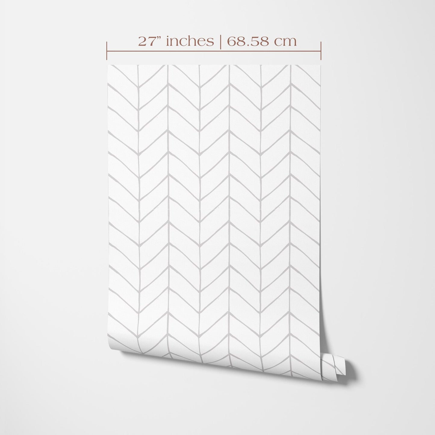 a white wall with a pattern of chevron lines, which appears to be a wallpaper or a similar decorative material. The image is described as having a size of 27 inches by 68.58 centimeters.