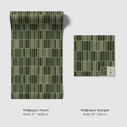 two different sizes of a wallpaper panel with a green and brown color scheme. The larger panel is wider than the smaller one, with a width of 27 inches (68.58 cm) and a height of 50 inches (80.58 cm).
