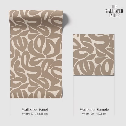 two wallpaper samples with a similar abstract pattern in shades of brown. The text provides the dimensions of the wallpaper panels and the wallpaper sample, which are both 20 inches wide.