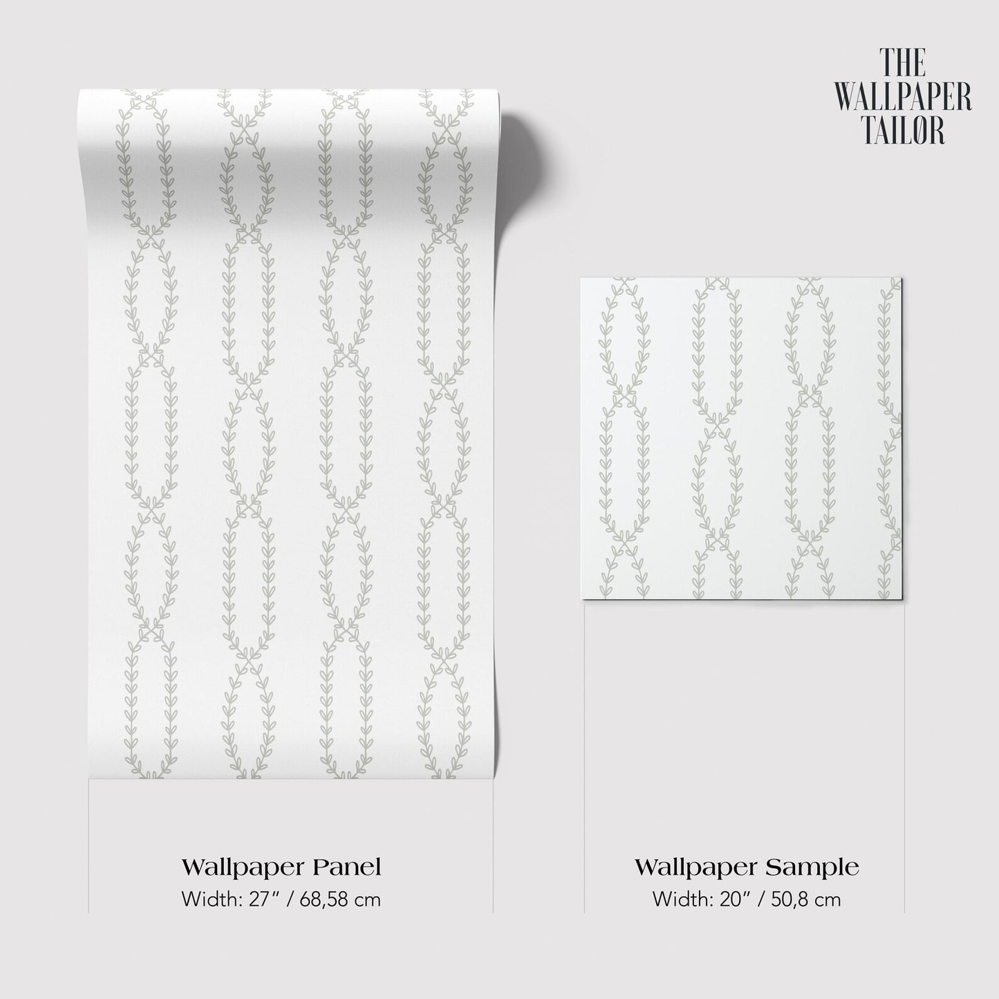 two identical rolls of wallpaper with a repeating pattern of leaves or vines. The rolls are of different sizes, with one being larger than the other.