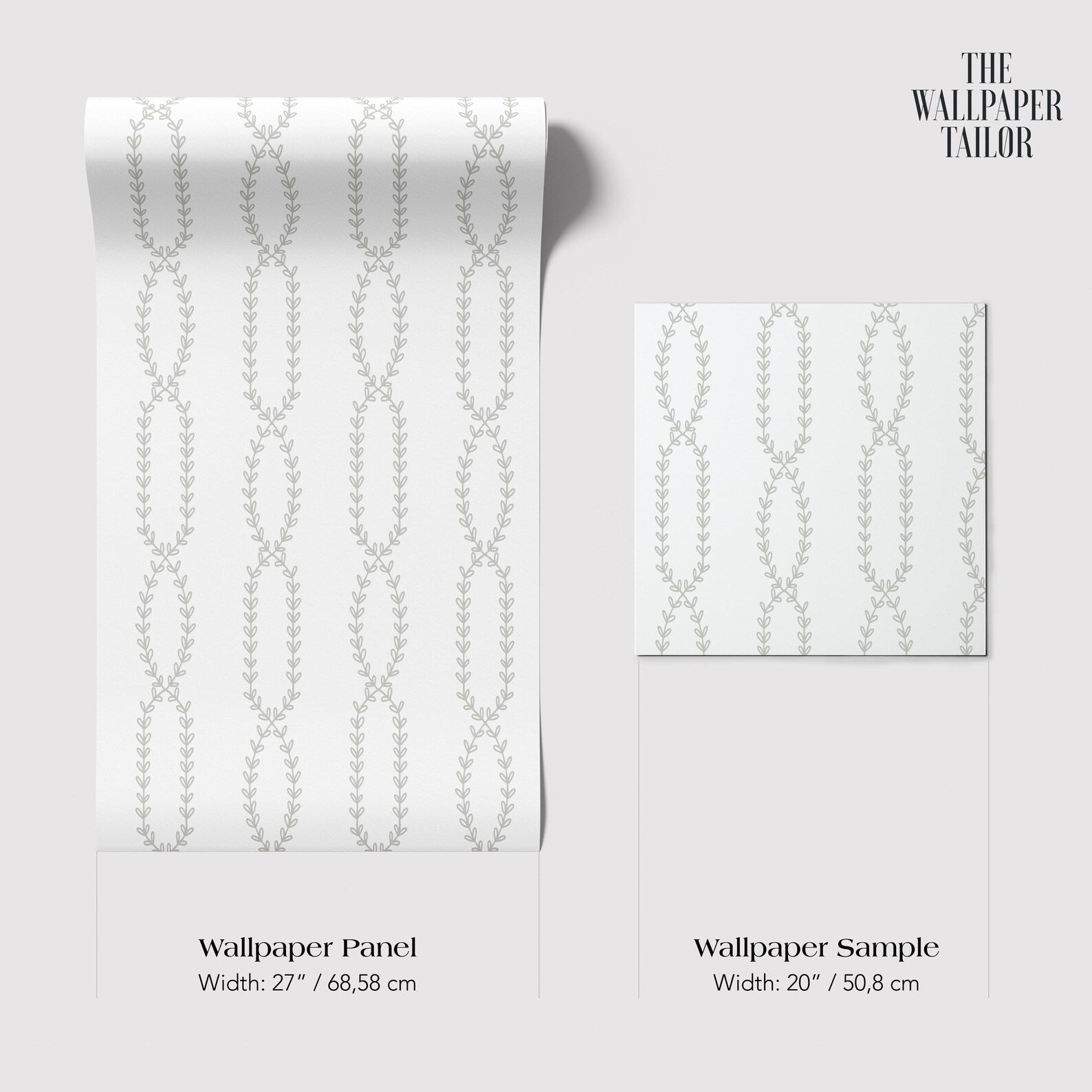 two identical rolls of wallpaper with a repeating pattern of leaves or vines. The rolls are of different sizes, with one being larger than the other.