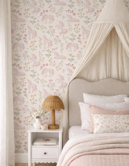 a bedroom with a canopy bed, a white nightstand, and a floral wallpaper. The room has a pink and white color scheme, with a canopy above the bed and a canopy lamp on the nightstand.