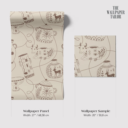 The image is a wallpaper panel and a wallpaper sample, both featuring a repeating pattern of pots and vases.