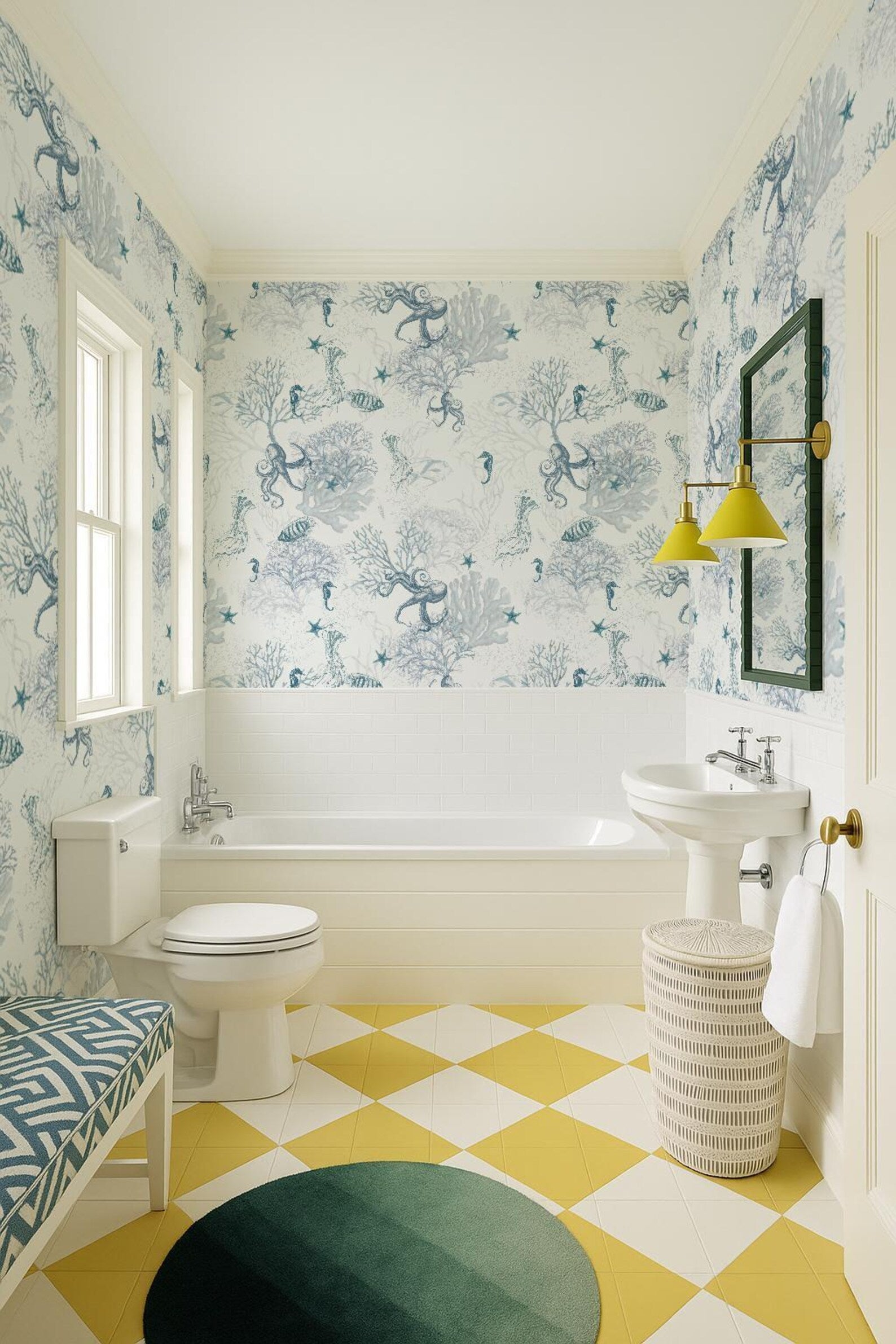 a bathroom with a white bathtub, a white toilet, a white sink, and a green and white checkered floor. The walls are covered in a blue and white patterned wallpaper, and there are two yellow lamps on the wall.