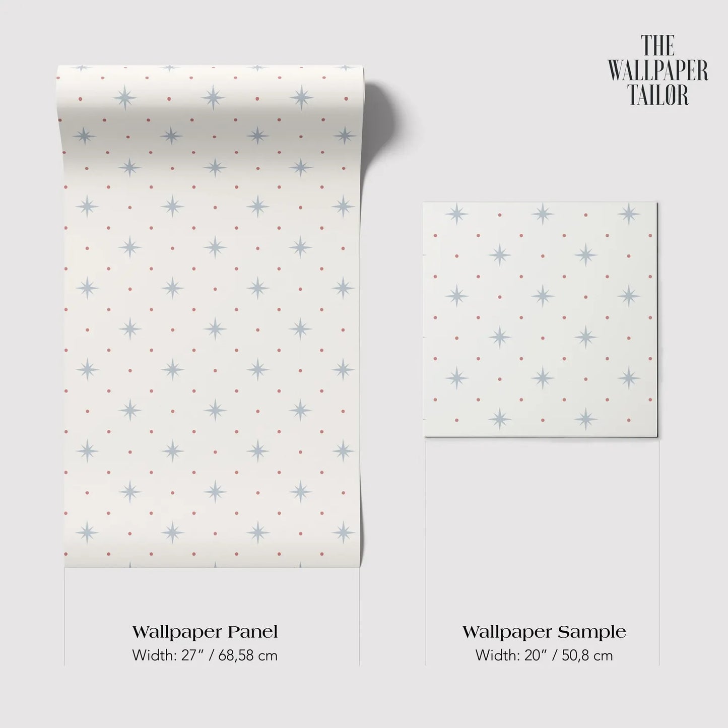 two different sizes of wallpaper panels with a star pattern design. The larger wallpaper panel is wider at 27 inches (68.58 cm) and the smaller one is narrower at 20 inches (50.08 cm).