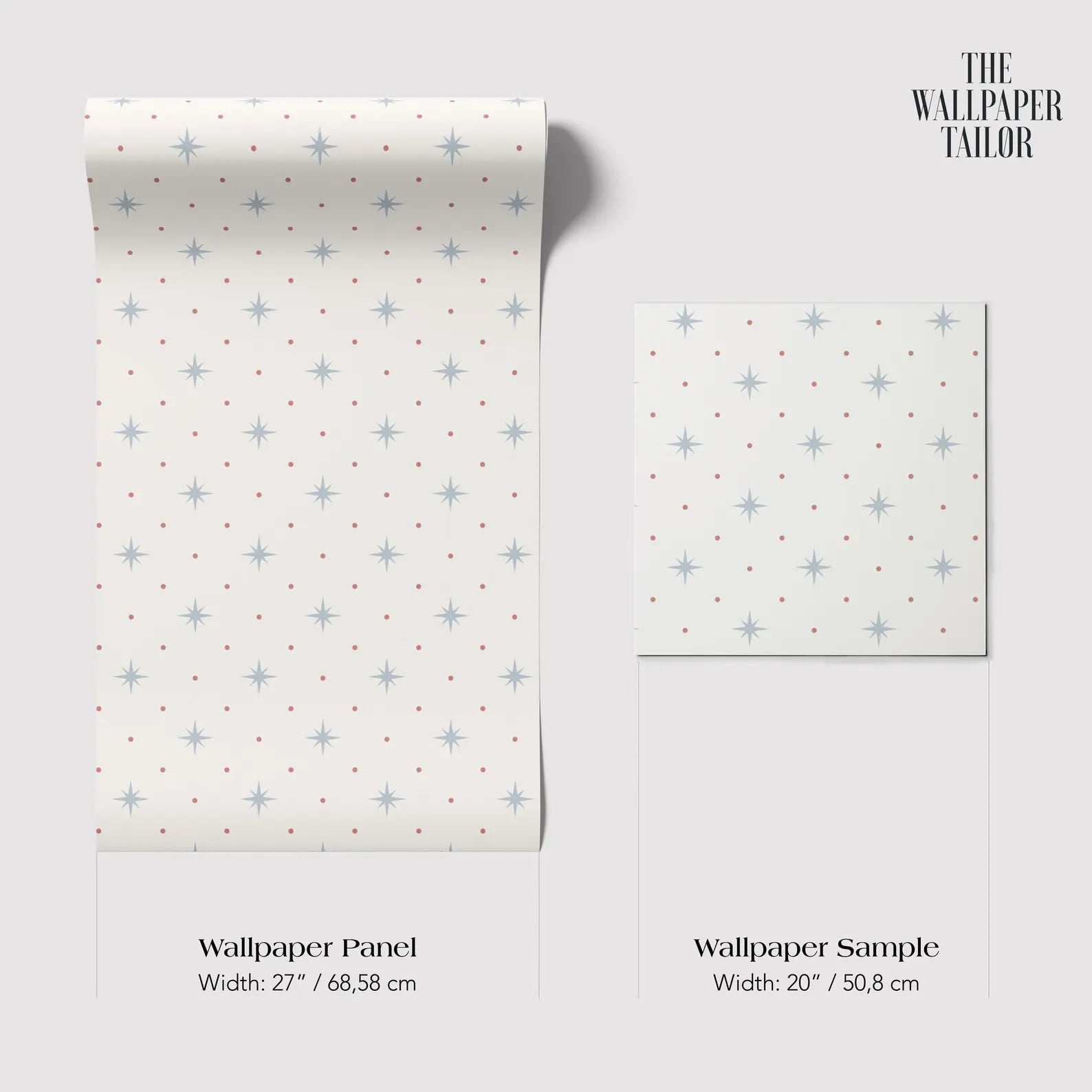 two different sizes of wallpaper panels with a star pattern design. The larger wallpaper panel is wider at 27 inches (68.58 cm) and the smaller one is narrower at 20 inches (50.08 cm).