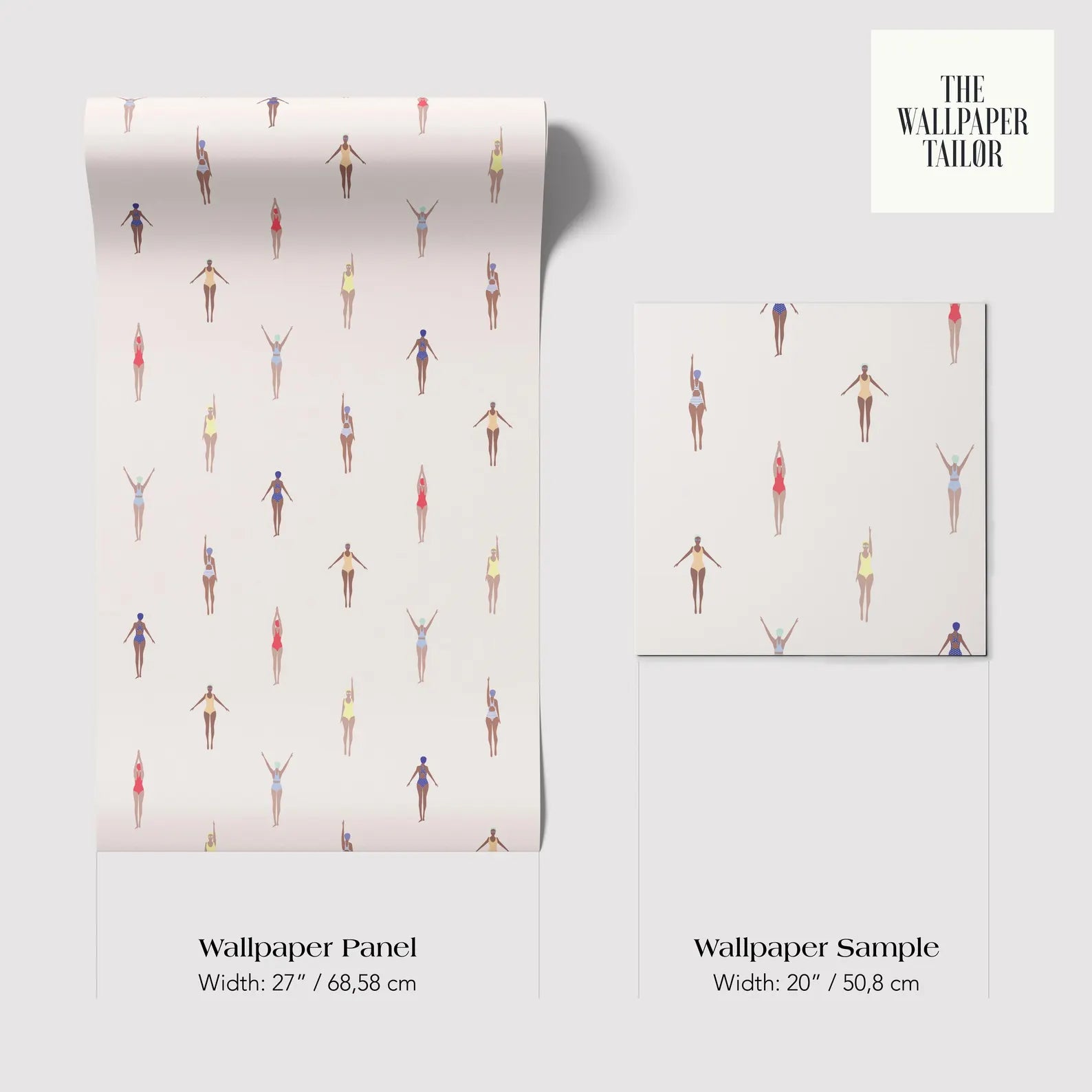 The image is a wallpaper panel and a wallpaper sample, both featuring a repeating pattern of colorful swimming figures.