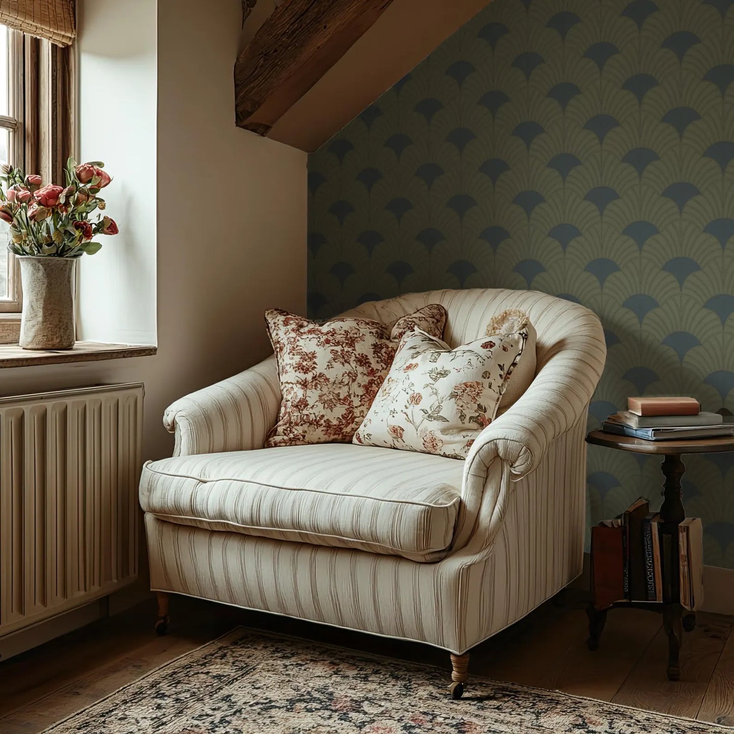 a cozy corner of a room with a striped armchair, a small side table, and a window with a vase of flowers. The room has a patterned wallpaper and a rug on the floor.